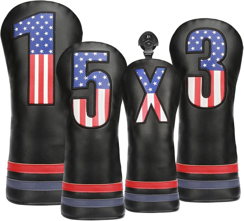 PONADA Golf Head Covers, 4pcs or 1pc USA Stars and Stripes Golf Club Covers for Woods and Driver Fairway Hybrid, PU Leather Golf Club Head Covers for Men Women with Interchangeable Tags, Fits Most Golf Clubs - Image 1